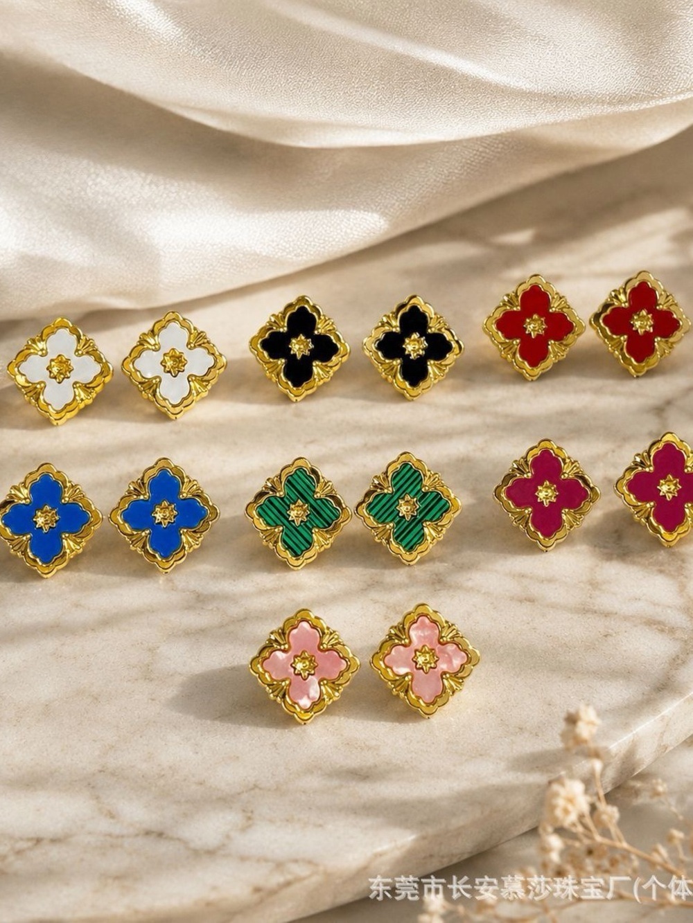 Gold & White Floral Statement Stud Earrings - Picture 10 of 10